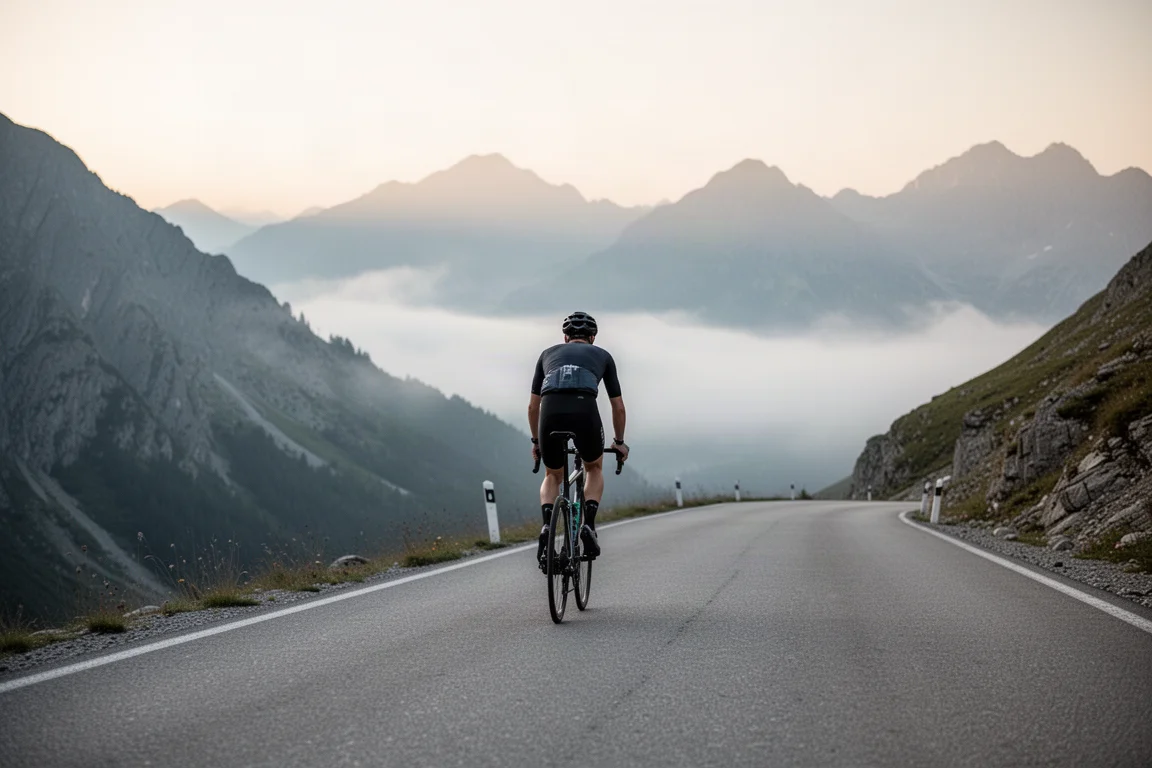 Road cyclist climbing a mountain pass at dawn seen from behind