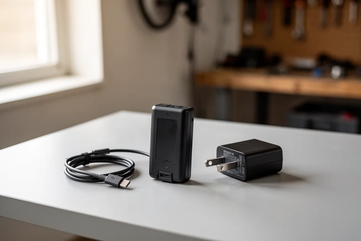 Removable derailleur battery beside a USB-C charging cable on a desk