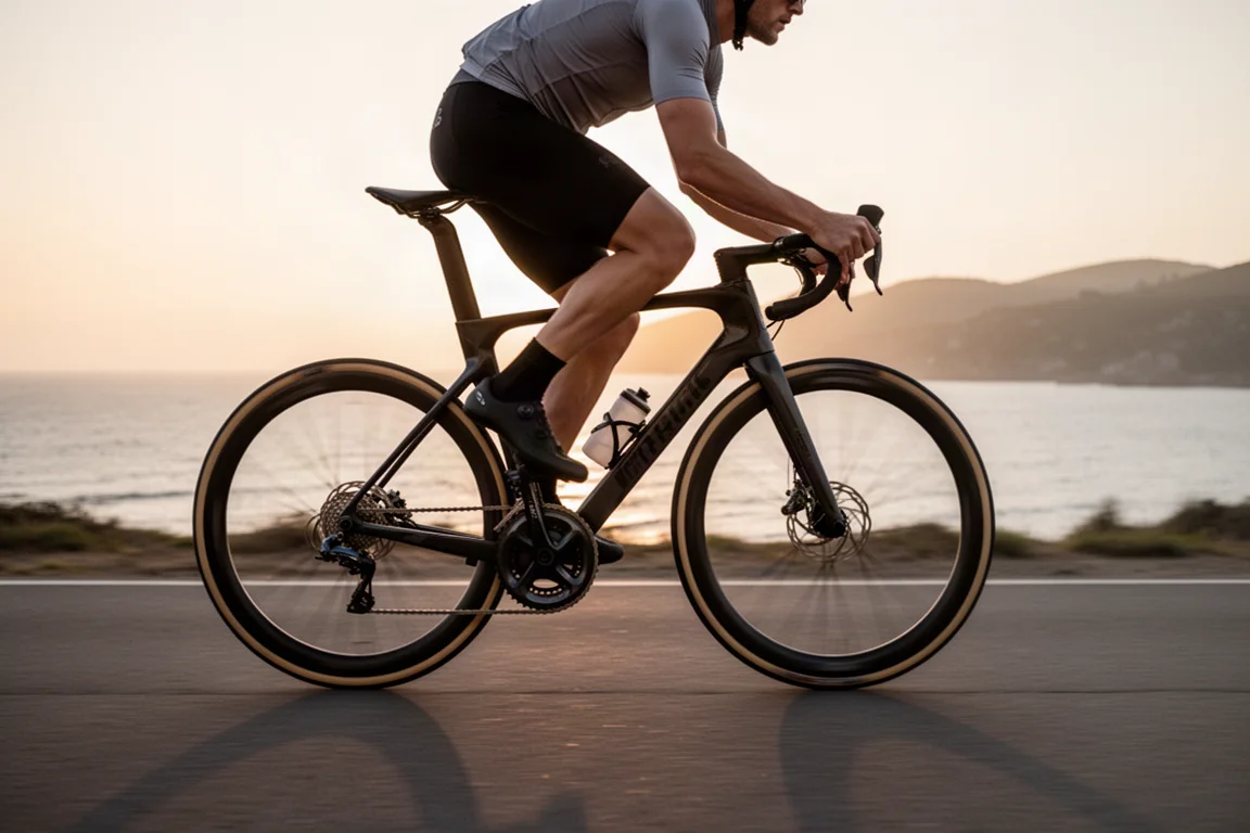 Road cyclist riding a carbon road bike along a coastal road at sunset
