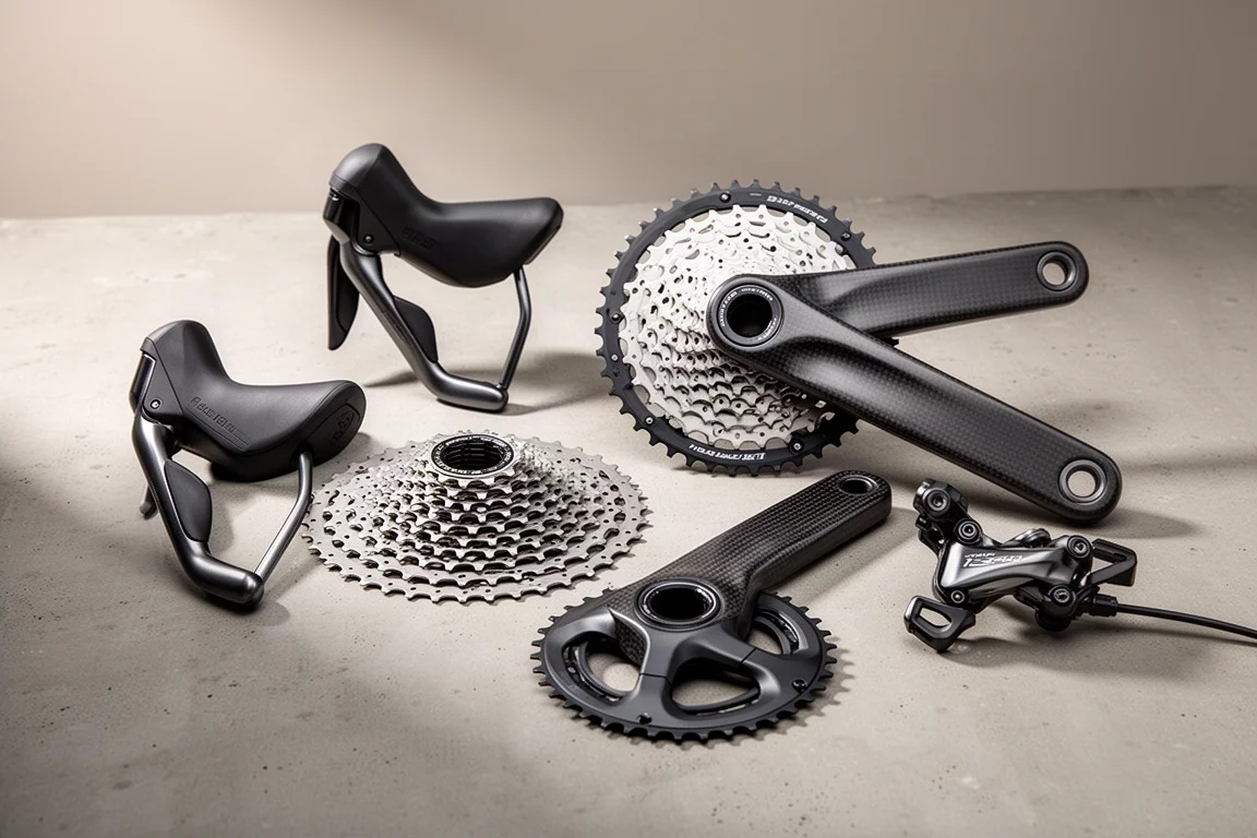 Wireless road bike groupset components arranged on a matte concrete surface