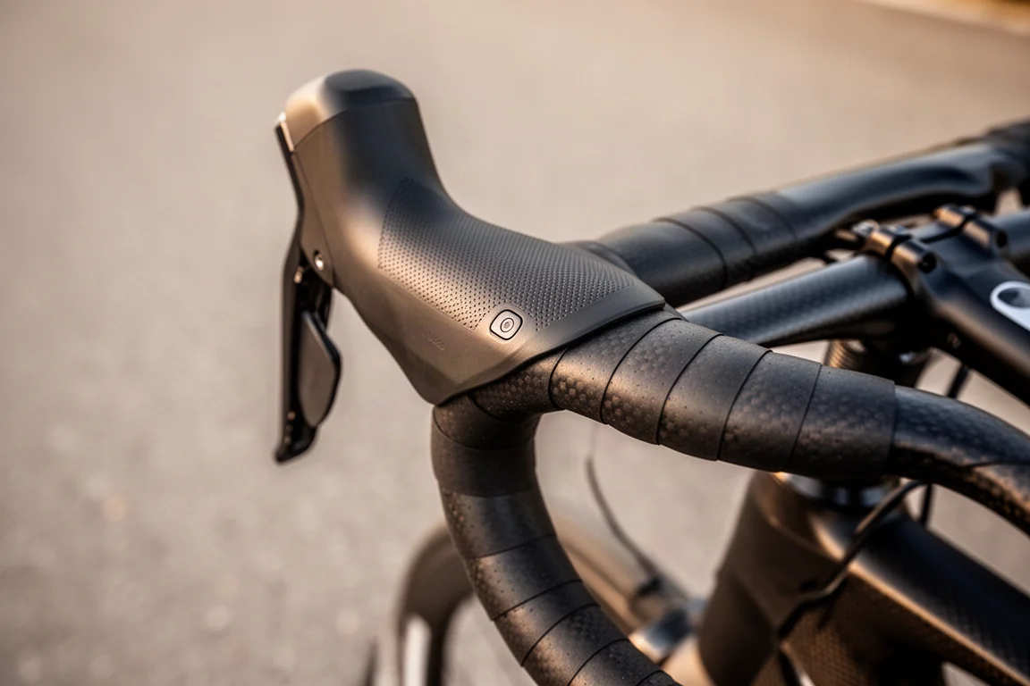 Close-up van remgrepen op een racestuur van een racefiets met matzwarte afwerking en carbon stuur