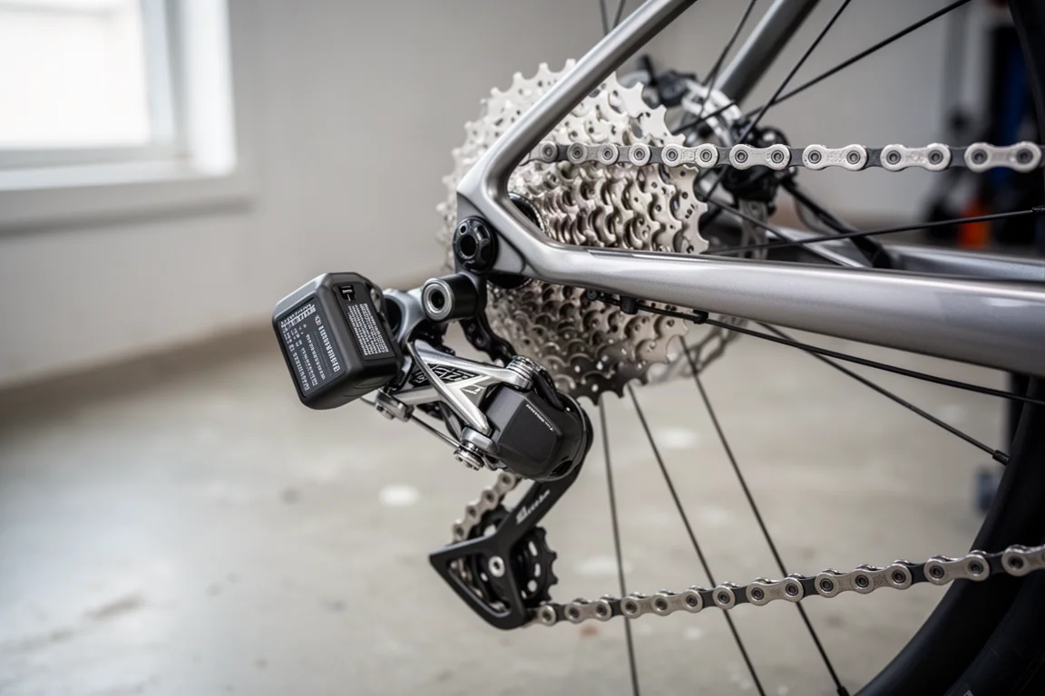 Achterderailleur en brede cassette gemonteerd op een racefiets in een montagestandaard