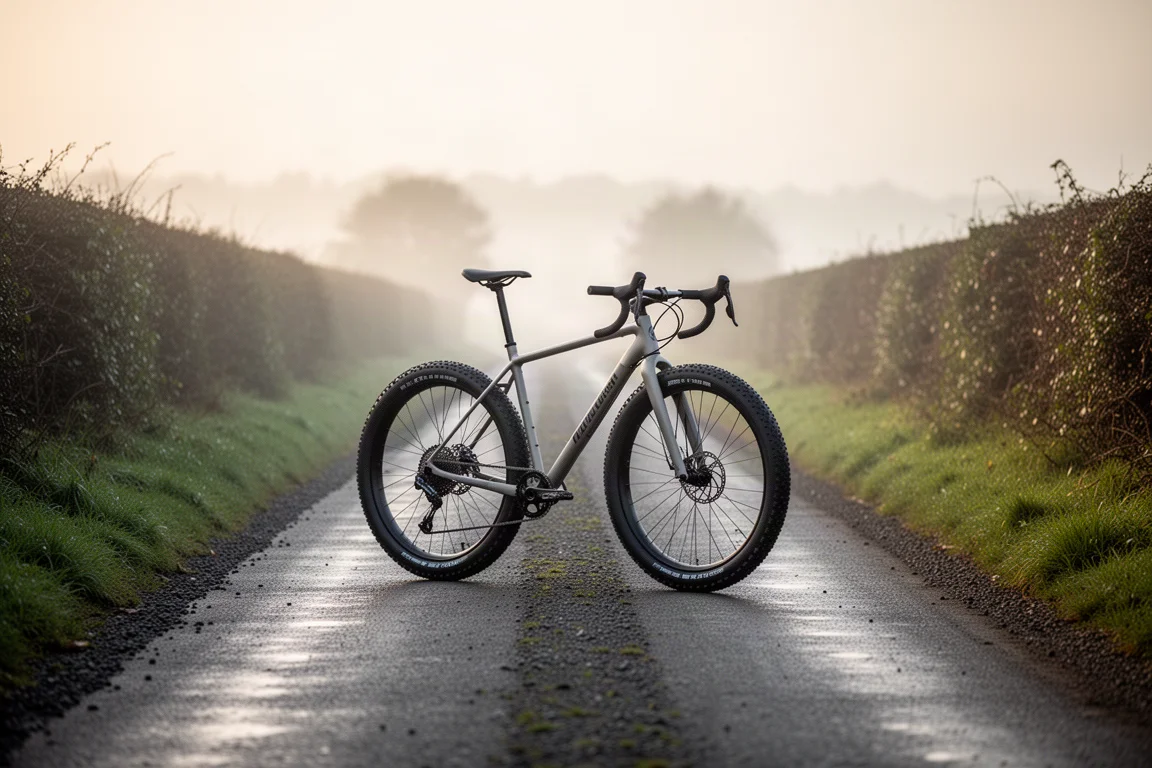 Gravelbike die in het vroege ochtendlicht over een lege landweg rijdt