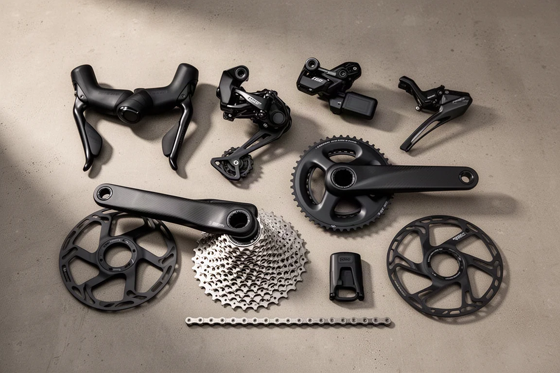 Matte black wireless road bike groupset components arranged on a concrete surface