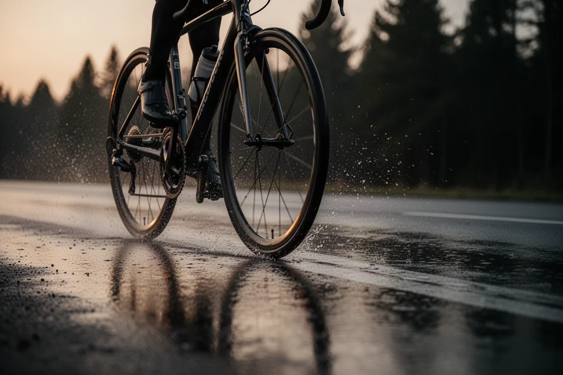 Rennrad-Laufrad auf nassem Asphalt in der Dämmerung mit Gischt bei schwachem Licht