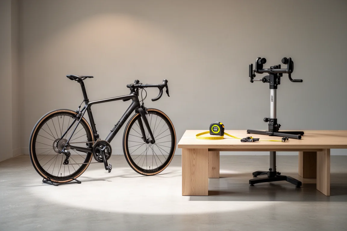 Rennrad im Showroom neben einer Bikefitting-Werkbank mit Messwerkzeugen