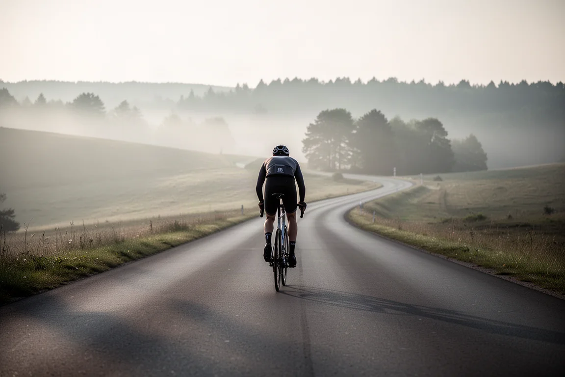 Cycliste vu de dos gravissant un col de montagne sinueux à l'heure dorée
