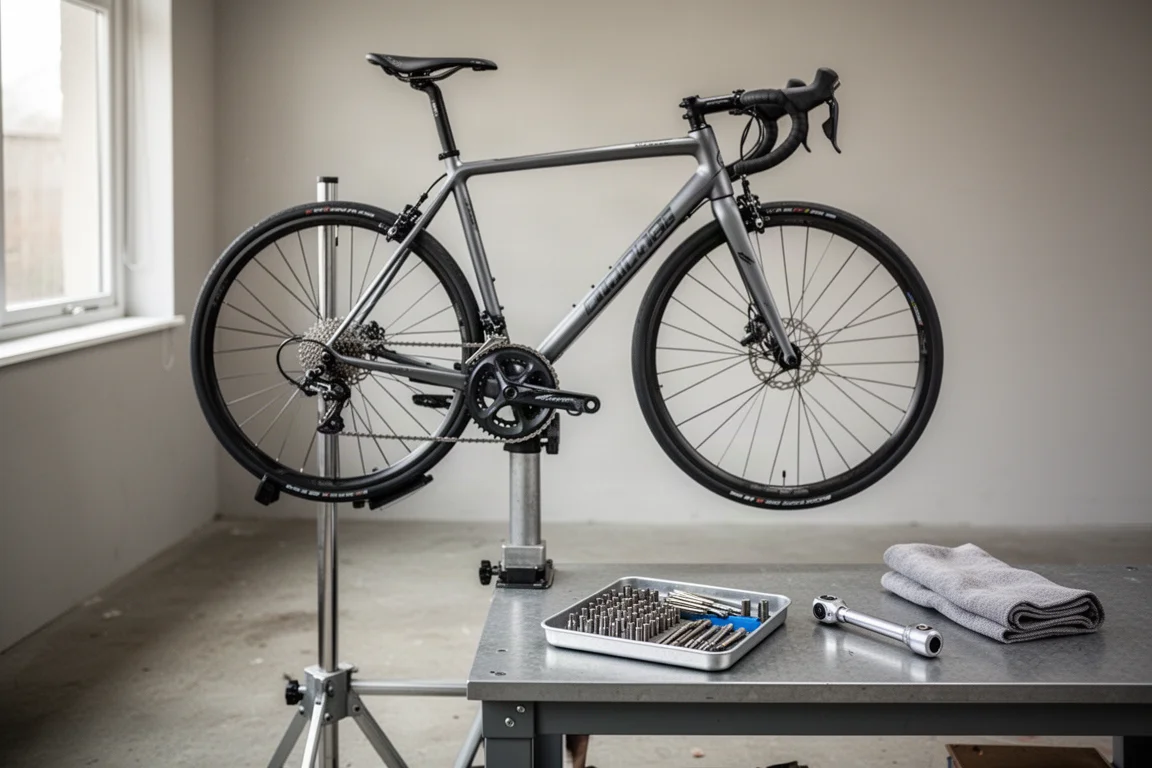 Intérieur d'un magasin de cycles indépendant avec des vélos de route exposés sur un mur clair
