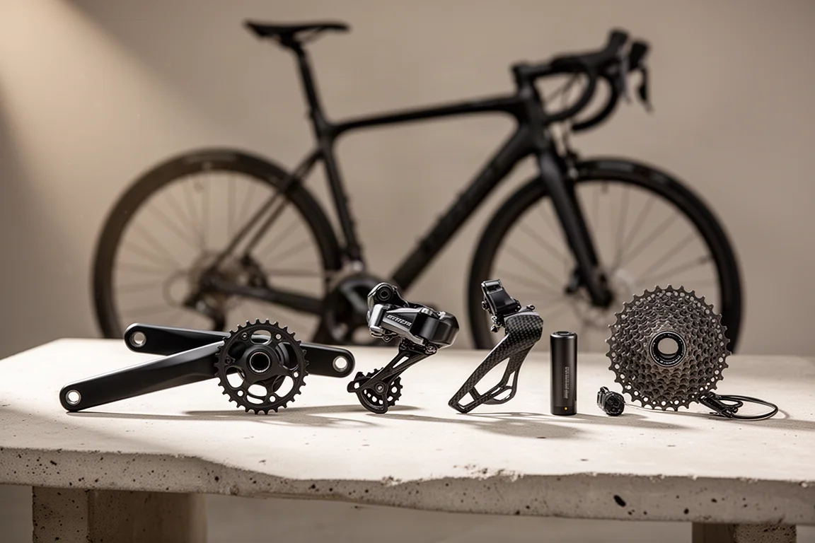Wireless road bike groupset with derailleurs, crankset, cassette and disc brakes on concrete