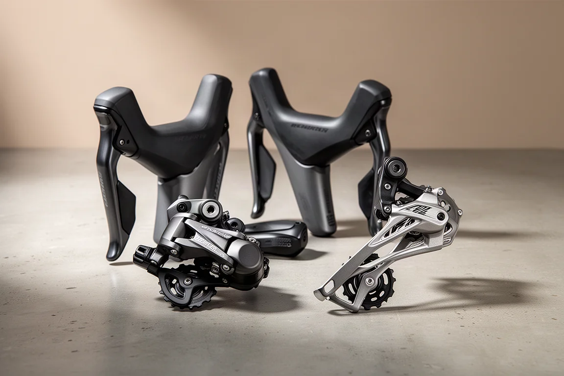 コンクリートの上に置かれた、レバー、ディレイラー、クランクセットを備えたワイヤレス電子ロードバイク用グループセット
