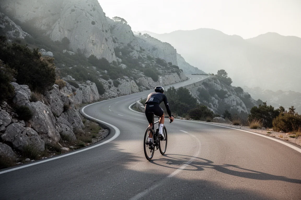 Ciclista de carretera subiendo un puerto de montaña sinuoso con la luz del amanecer