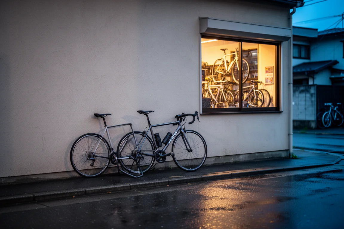 Bicicleta de carretera apoyada en una pared frente a una tienda de bicicletas al atardecer