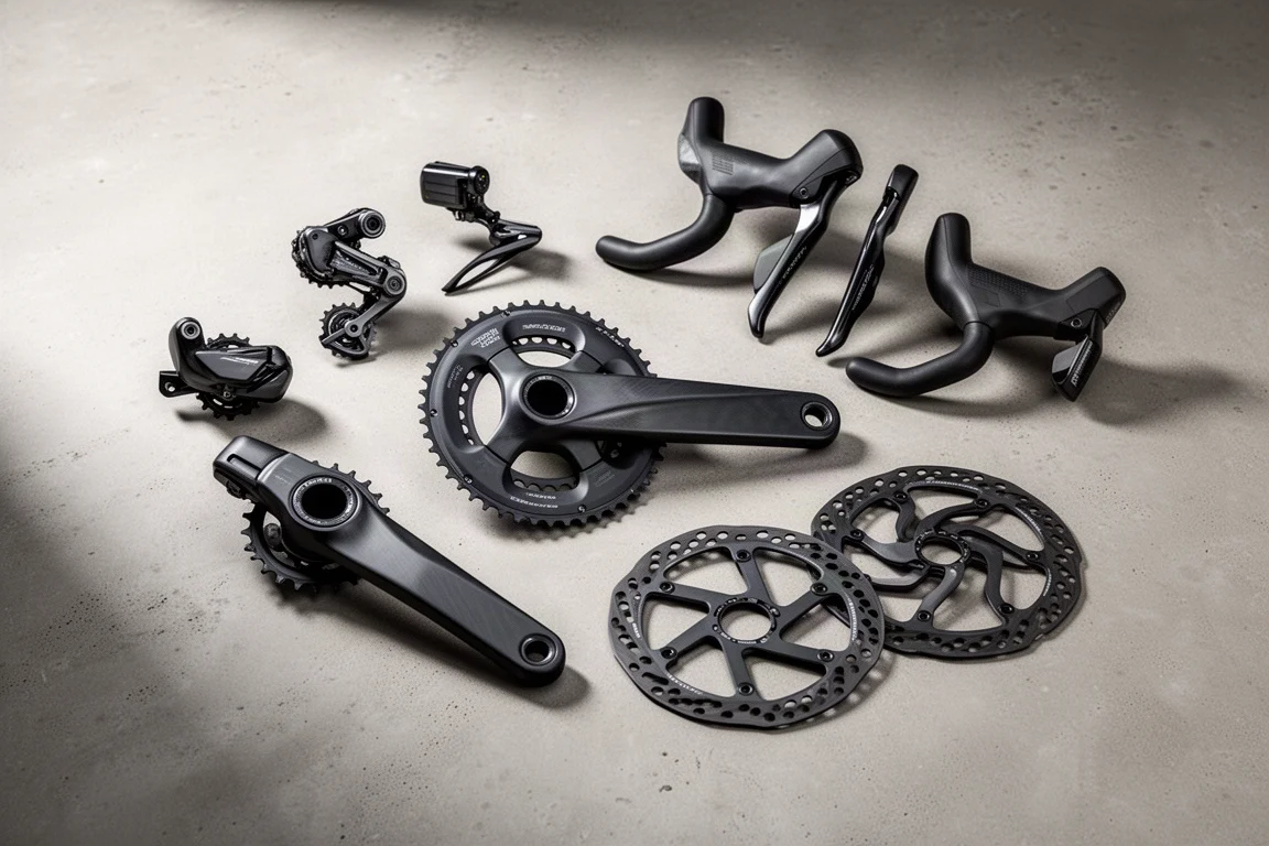 Wireless road bike groupset with carbon crankset, derailleurs, levers and rotors laid out on concrete