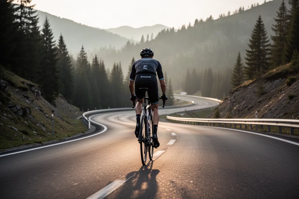 Road cyclist climbing a steep tarmac pass on a modern race bike in soft morning light