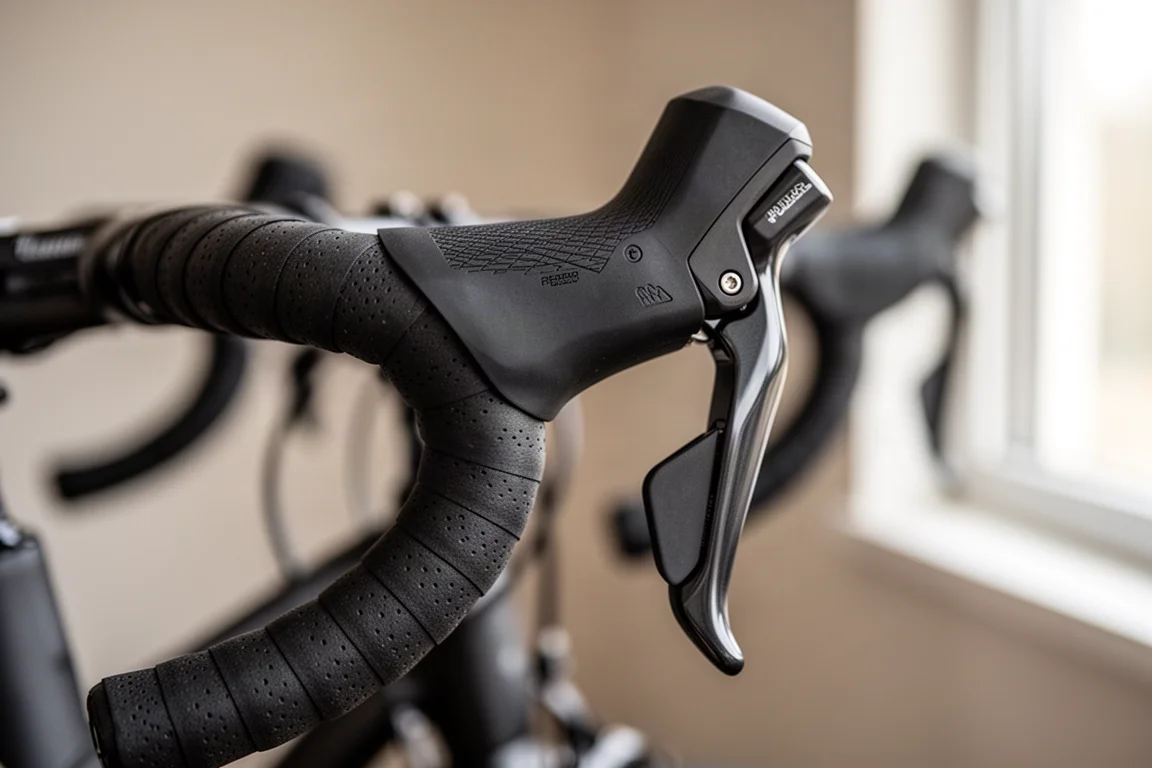 Close-up of a road bike brake lever hood with two shift buttons visible on the top surface