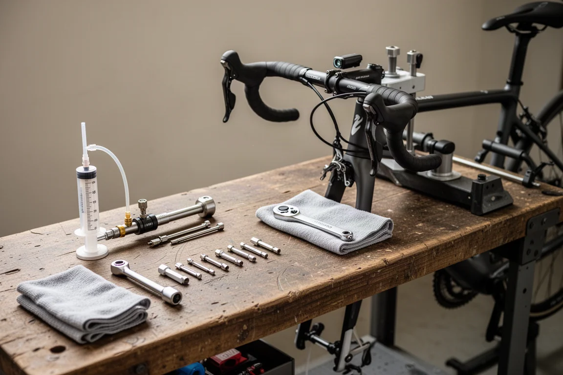 Bicycle workshop bench with bleed kit syringes, tools and a partially assembled road frame