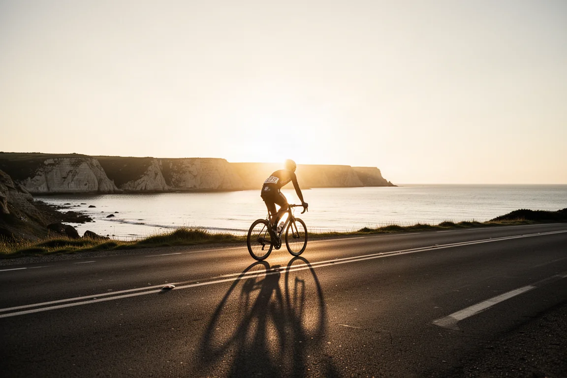 Road rider on an empty coastal road at golden hour seen from a distance
