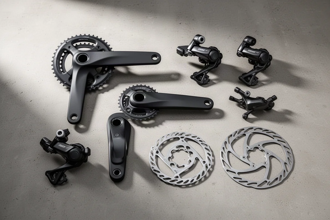 Matte black wireless road groupset components arranged on a concrete surface