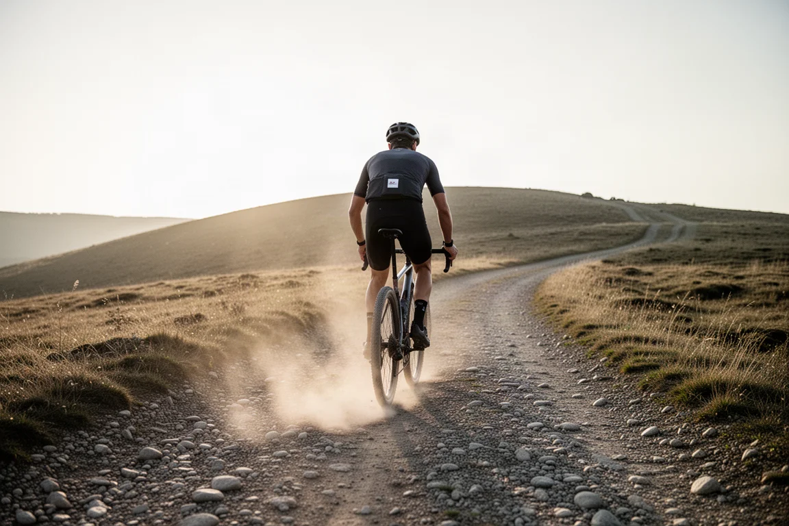 Gravel-Fahrer auf rauem Weg mit aufsteigendem Staub hinter dem Hinterrad