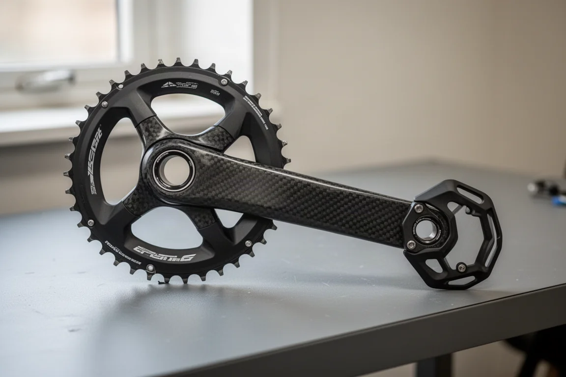 Nahaufnahme eines Carbon-Kurbelarms mit Kettenblatt im Pfeilprofil und Bash Guard