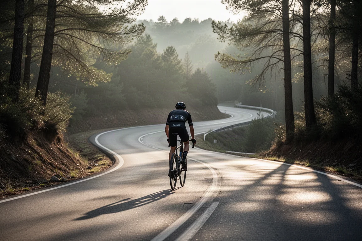 Rennradfahrer klettert im Morgenlicht eine steile Serpentinenstraße durch bewaldete Hügel hinauf