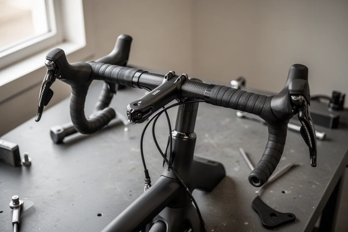 Detailaufnahme eines integrierten Rennrad-Cockpits von oben mit in den Rahmen laufenden Bremsleitungen