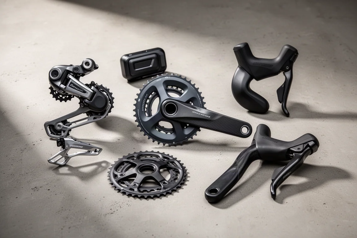 Wireless road bike groupset with derailleurs, crankset and brake levers on concrete