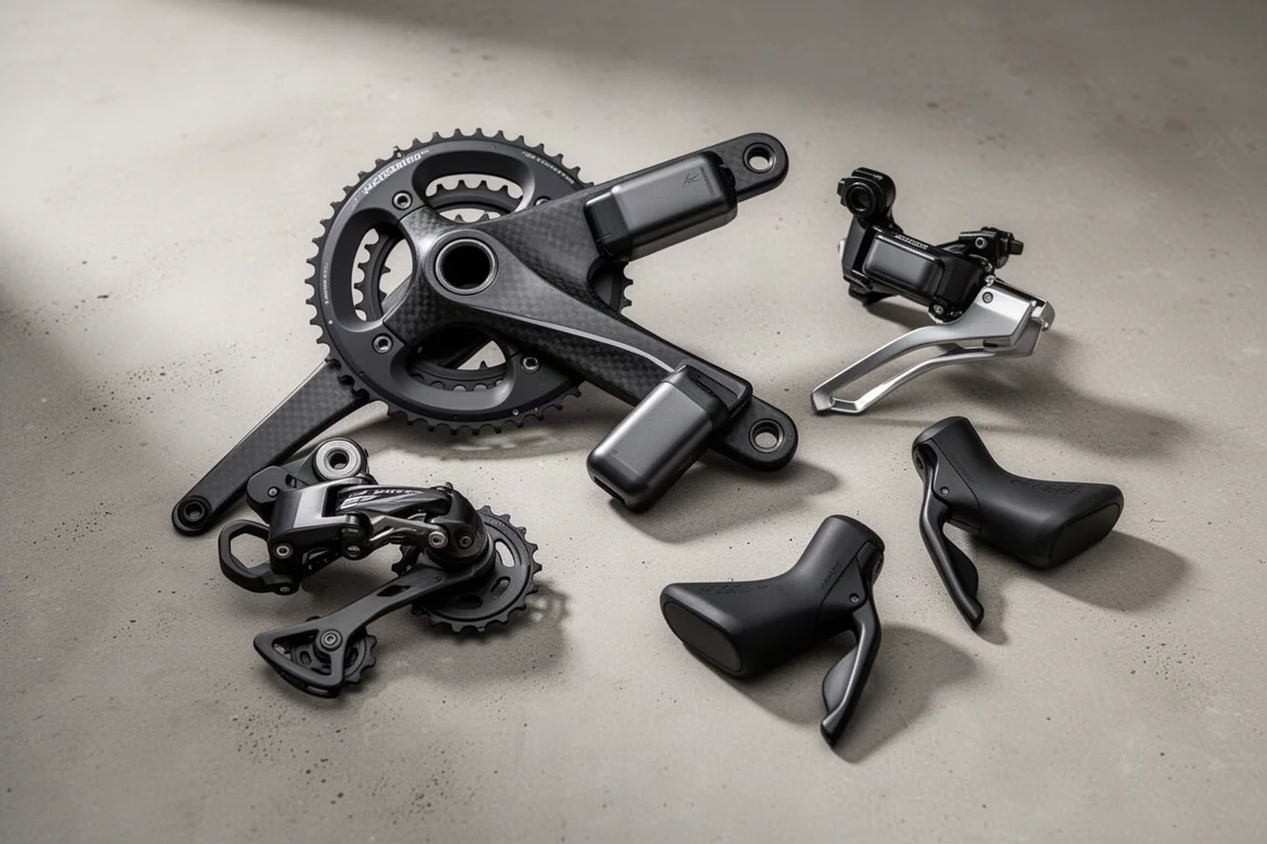 Wireless road bike groupset with derailleurs, batteries, levers and cassette on concrete