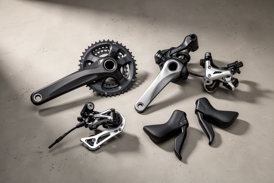 Two wireless road bike groupset components, a carbon crankset and a rear derailleur, on concrete