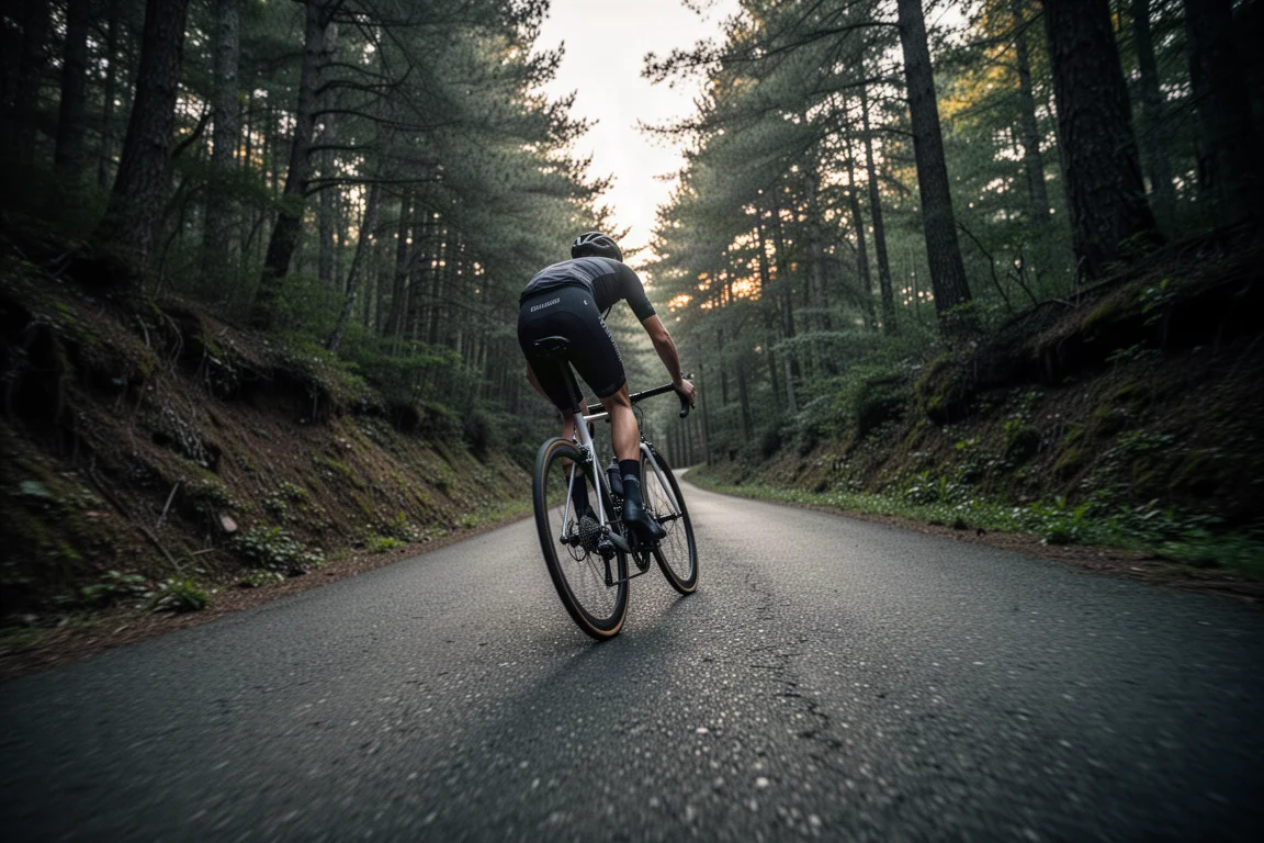 Radfahrer klettert bei schwachem Licht auf einem Rennrad eine steile Waldsteigung hinauf