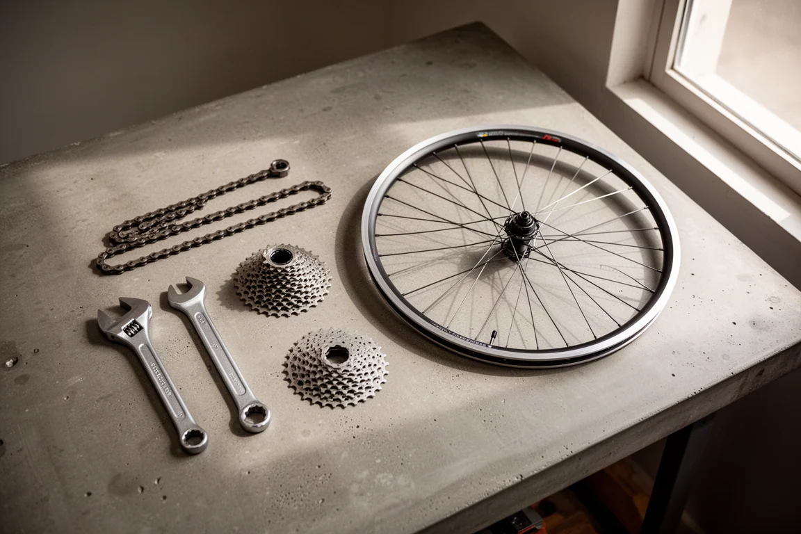 Werkbank mit Fahrradwerkzeugen, einem Laufrad und ausgelegten Antriebsteilen