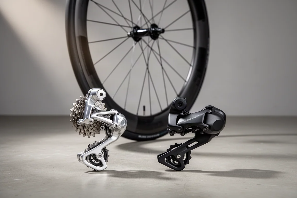 콘크리트 위에 놓인 빈티지 및 현대식 Campagnolo 구동계 부품과 에어로 카본 로드 휠