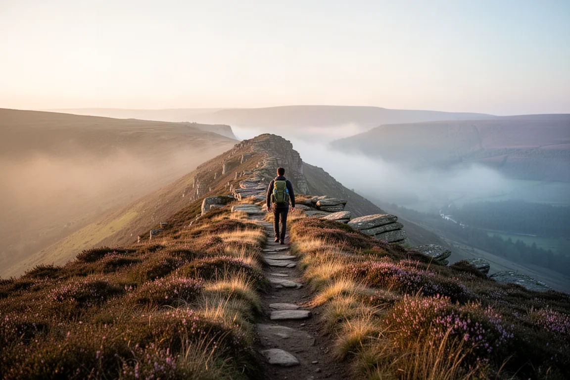 Wandelaar loopt over een gritstone-richelpad boven een met mist gevulde vallei tijdens het gouden uur