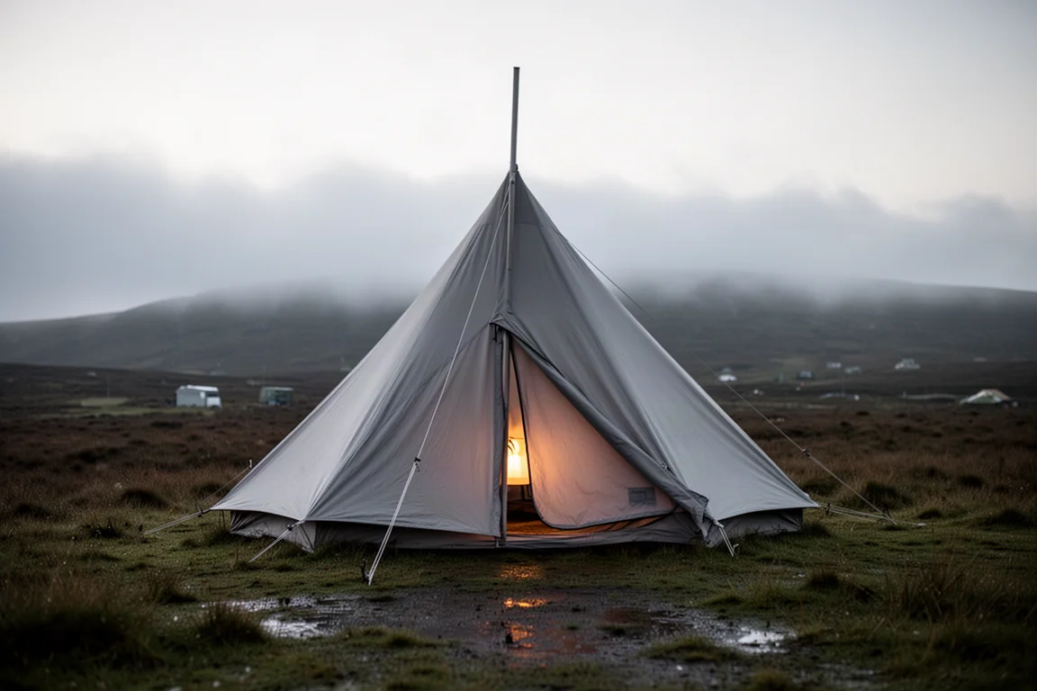 Piramide-tent opgezet op heideveld bij schemer met lage wolken op de achtergrond