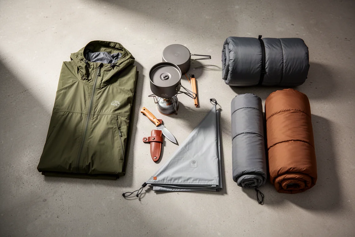 Flat lay of backpacking gear including a smock, stove, knife, shelter and two sleeping bags