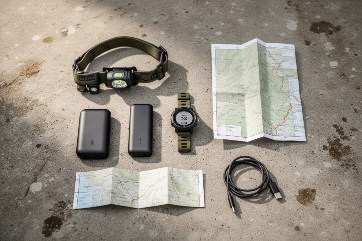 Ovanifrån platt uppläggning av vandrarelektronik med pannlampa, powerbank och GPS-klocka