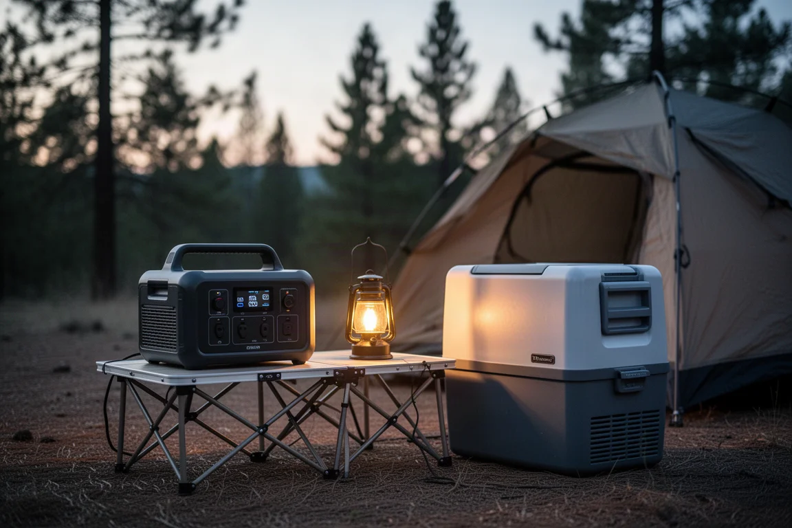 Bilcampingkök i skymningen med en powerstation, 12V-kylskåp och fällbord
