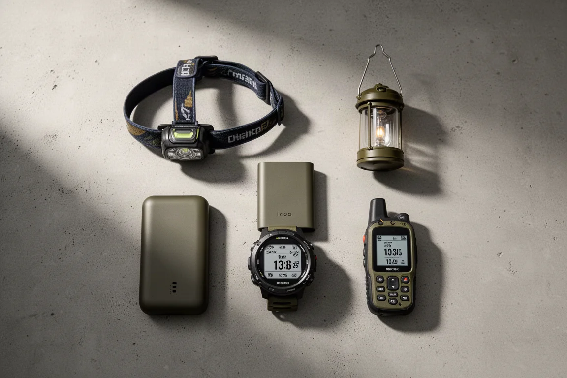 Overhead flat-lay of camping electronics on a concrete surface