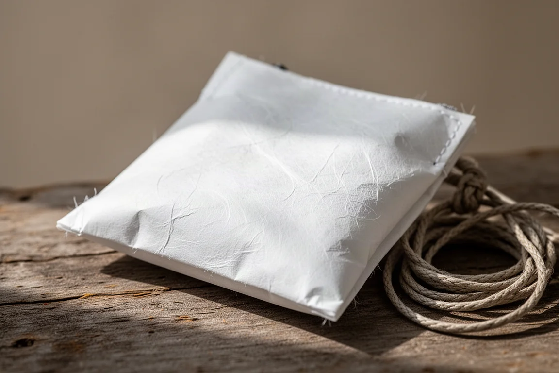Close de uma bolsa macia branca de Tyvek com cantos costurados sobre madeira desgastada