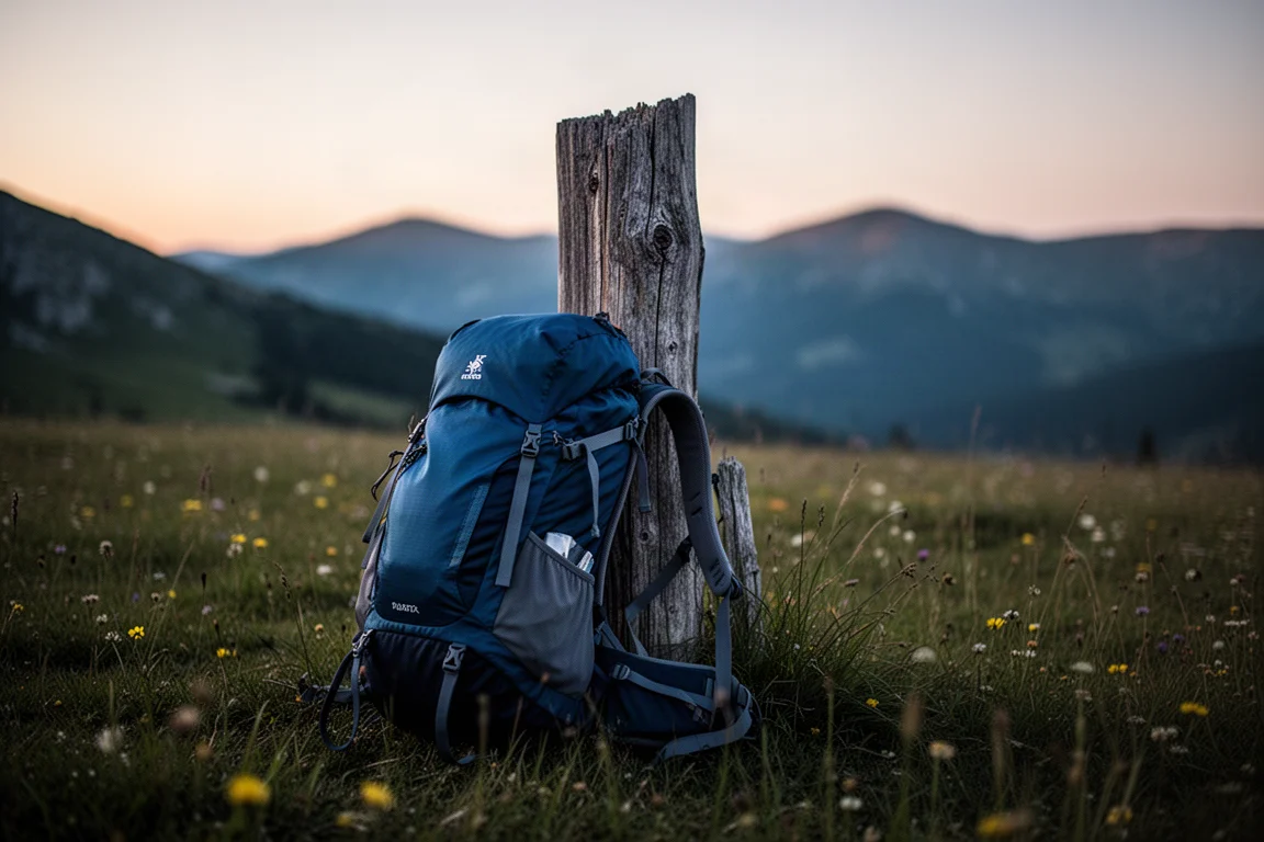 Mochila ultraleve carregada apoiada em um poste de madeira em prado alpino ao anoitecer