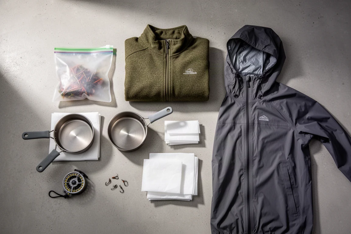 Flat lay of ultralight backpacking gear including food bag, wind jacket, pot, and hooded shell