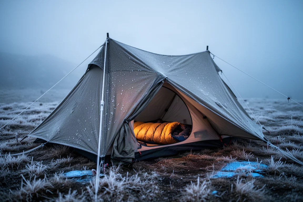 Met vorst bedekte tent bij zonsopgang met een warme slaapzak zichtbaar binnenin