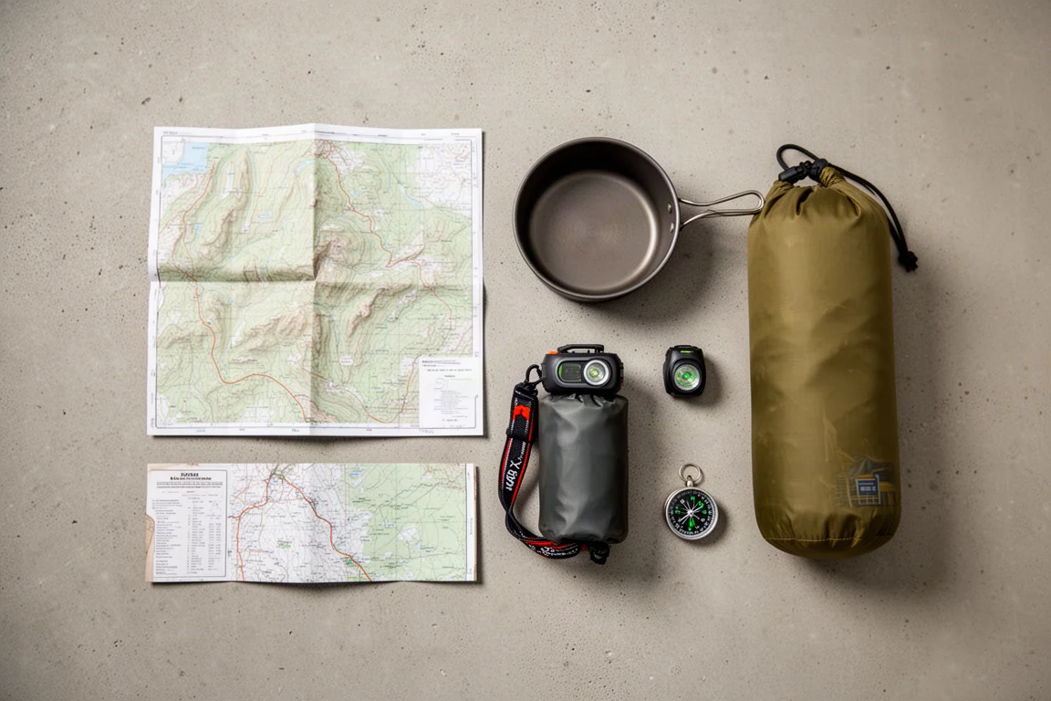 Bovenaanzicht van kampeeruitrusting met een kaart, kookpot, drybag en hoofdlamp