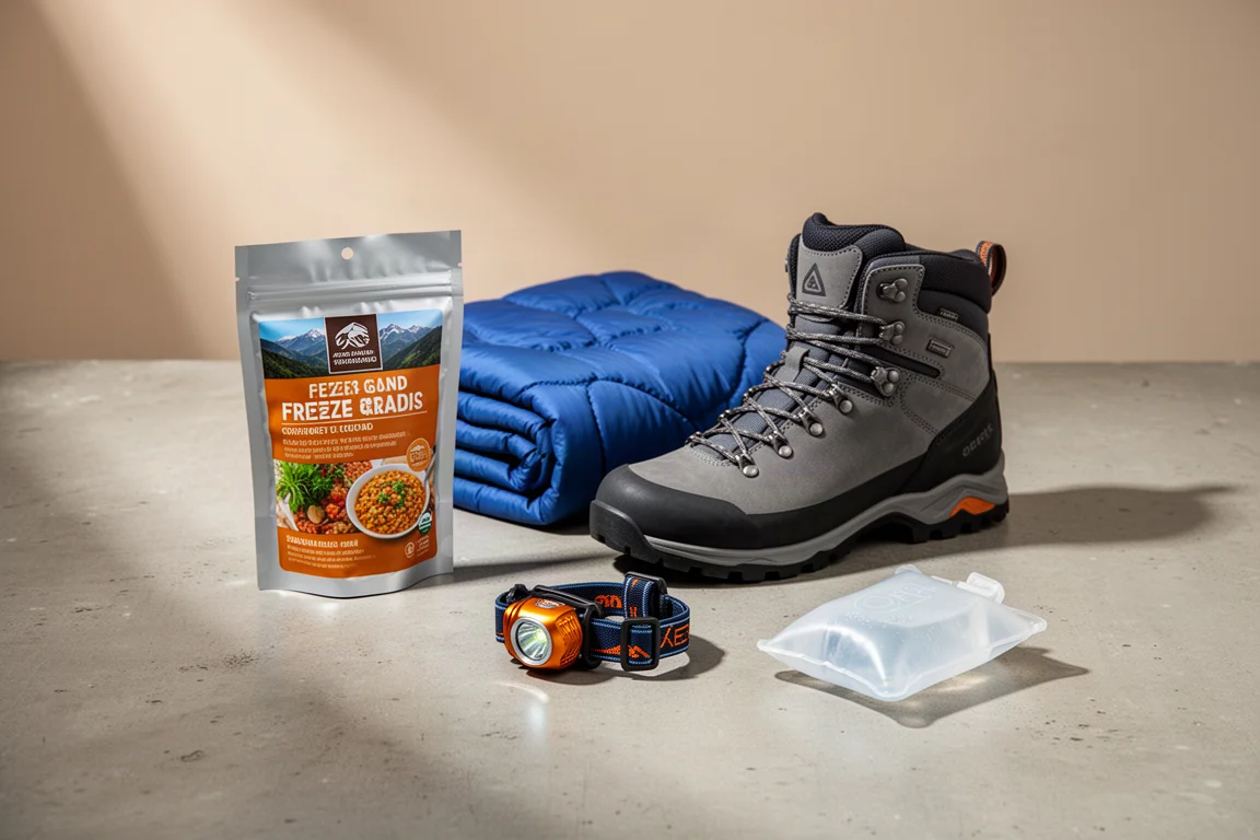 Camping and backpacking gear arranged on a concrete surface in soft studio light