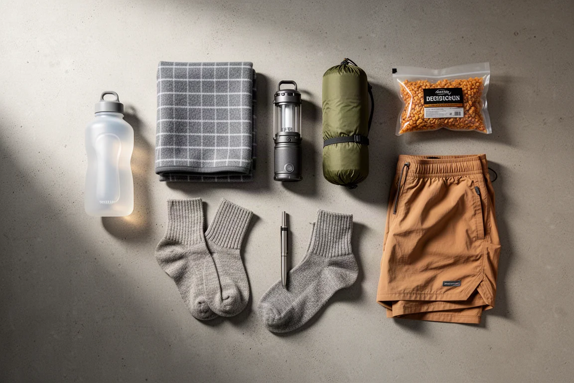 Flat lay of camping and backpacking gear on a matte concrete surface