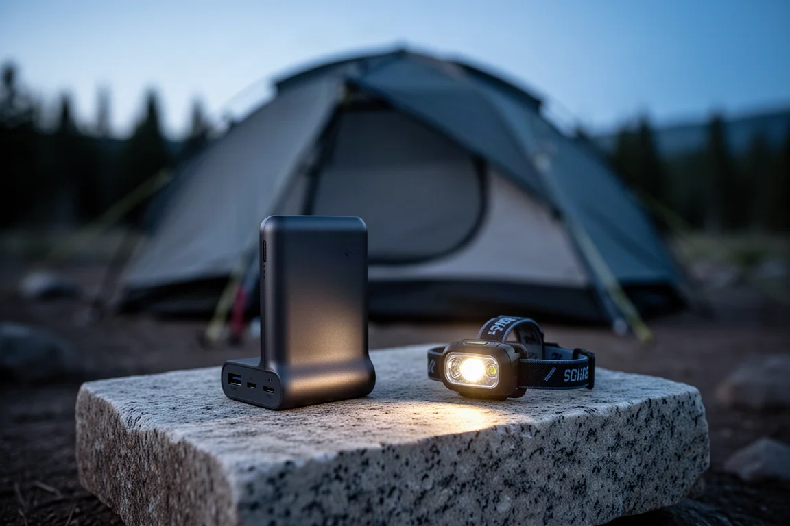 Compacte powerbank en hoofdlamp op een granieten plaat bij een schemerig kampeerterrein