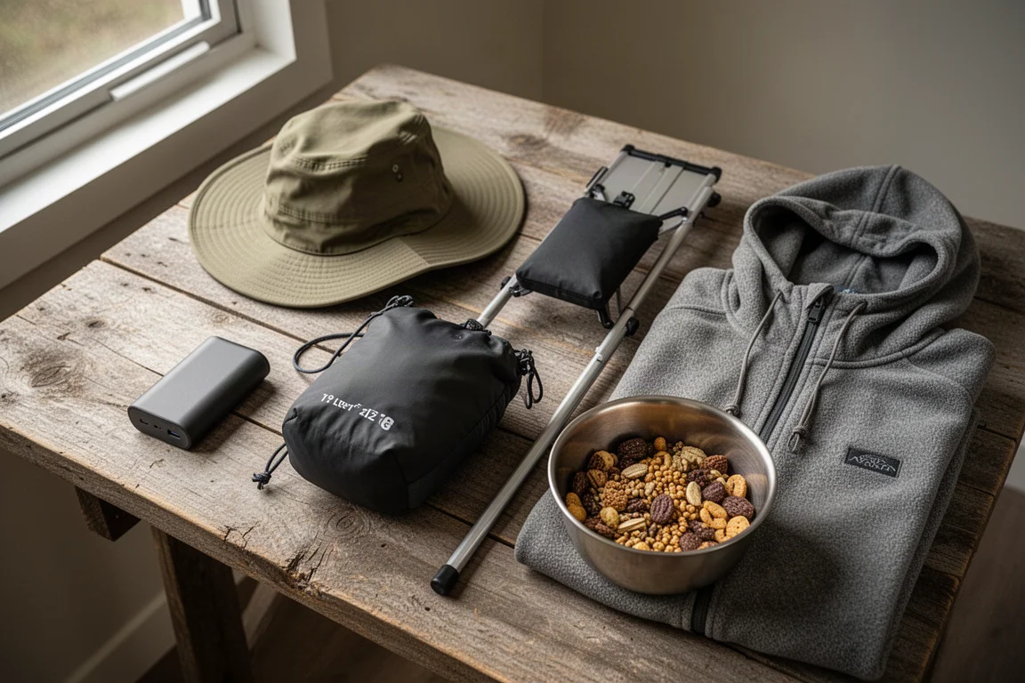 Overhead flat-lay of backpacking gear including power bank, sun hat, pack and fleece