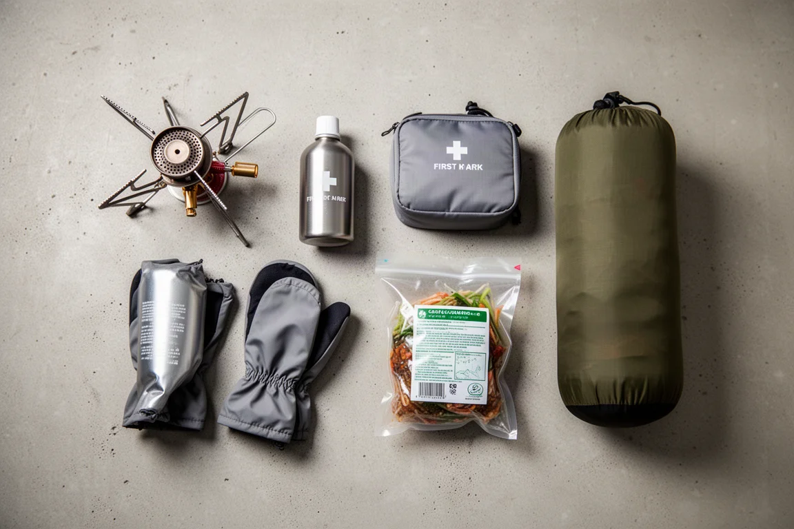 Bovenaanzicht van ultralichte backpackaccessoires op een betonnen ondergrond
