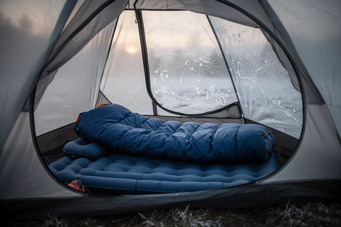 Tiefblauer gesteppter Schlafquilt und Matte in einem Zelt im Morgengrauen