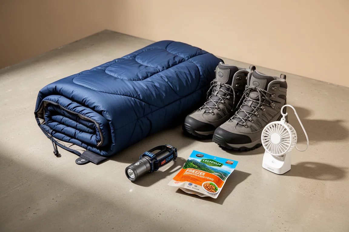 Camping and backpacking gear arranged on a concrete surface